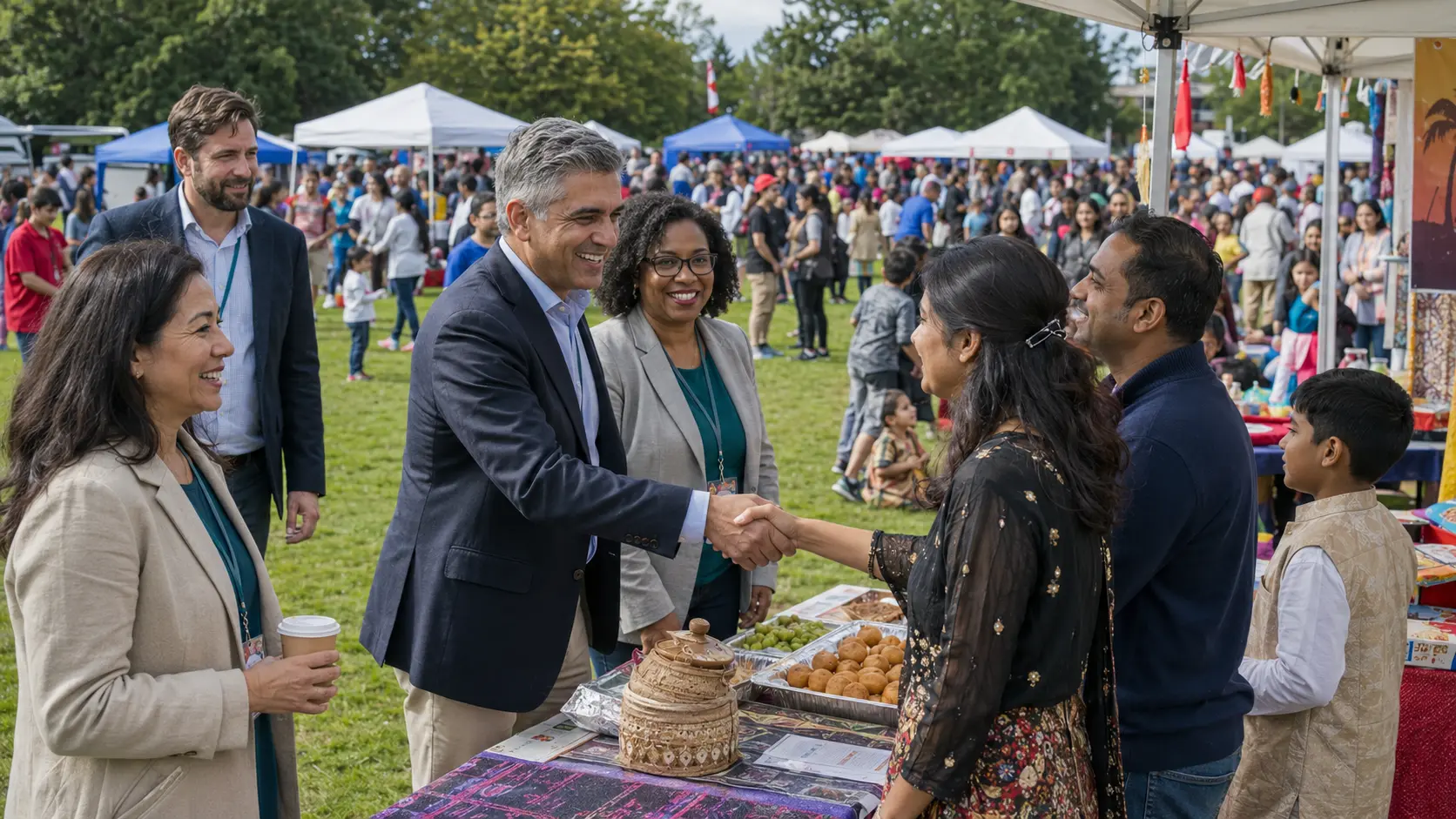 Organizers and community leaders talking with a small-business owner at their booth