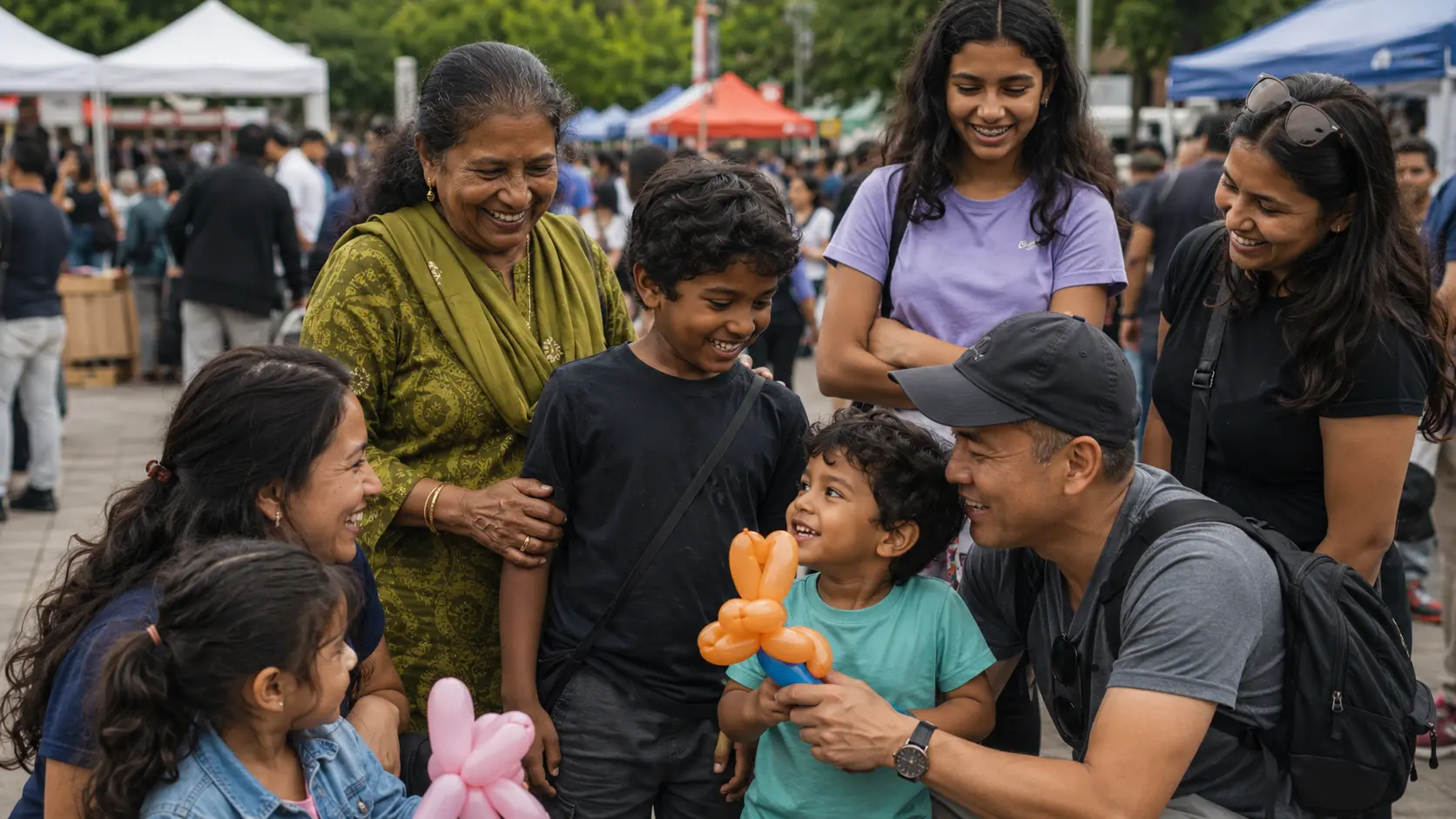 Parents, children and elders laughing together at a family area of the festival