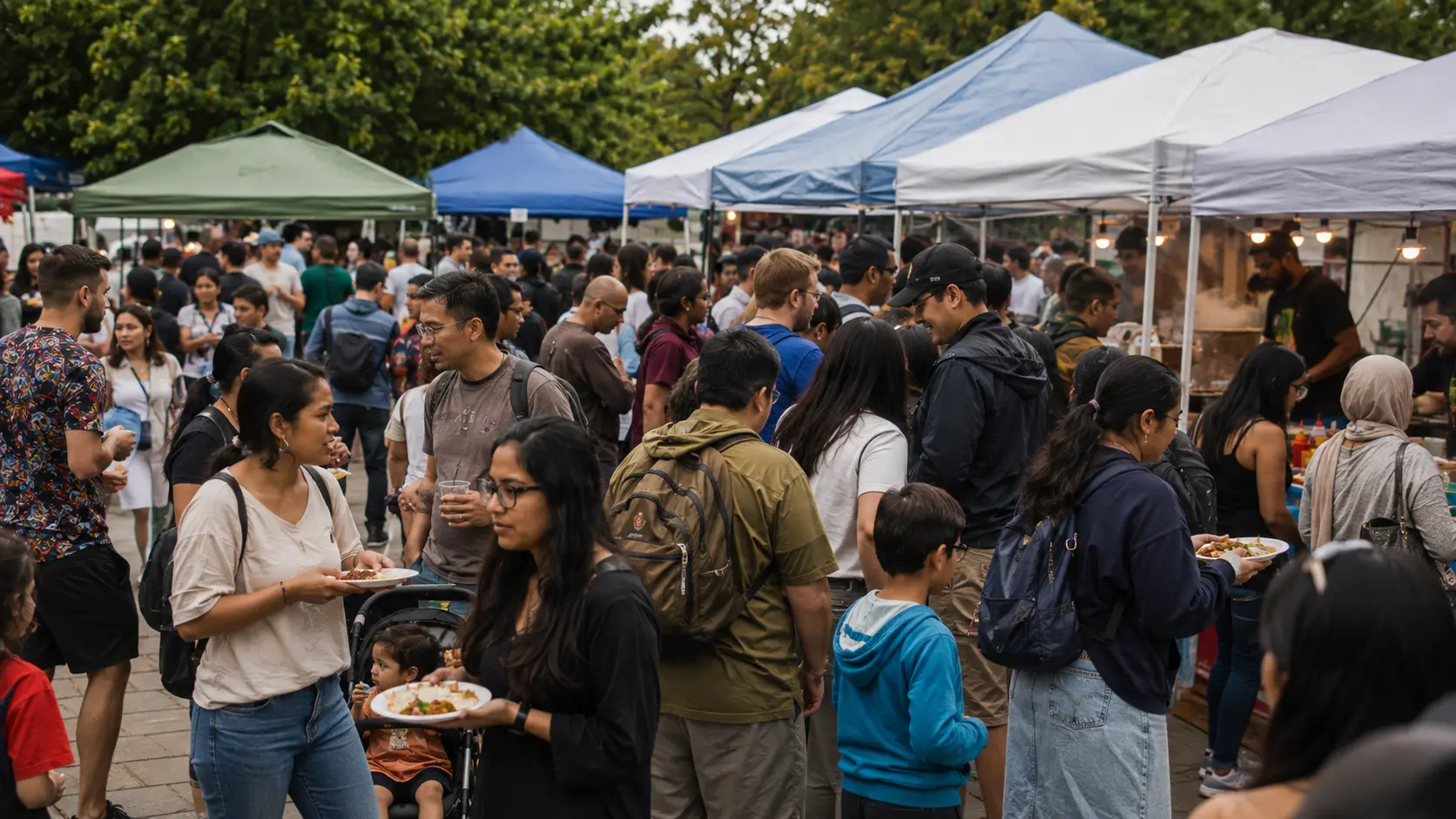 Festival visitors eating together along a row of food vendor tents
